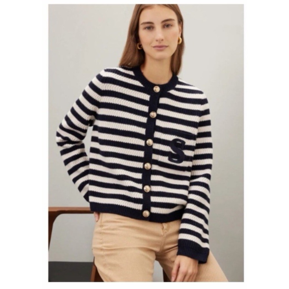 Sandro Paris Striped Breton Cardigan Sweater Jacket Black Ivory SZ 3/M Classic - Picture 2 of 14